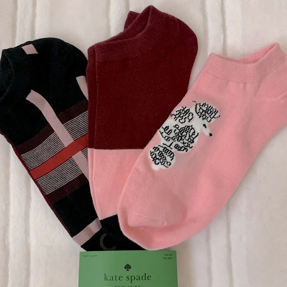 Kate Spade No Show Socks Pink Burgundy and Black 3 Pairs One Size